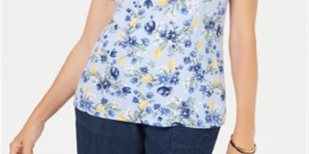 Karen Scott Citrus Craze Blusa com estampa floral feminina, azul, tamanho pequeno e pequeno