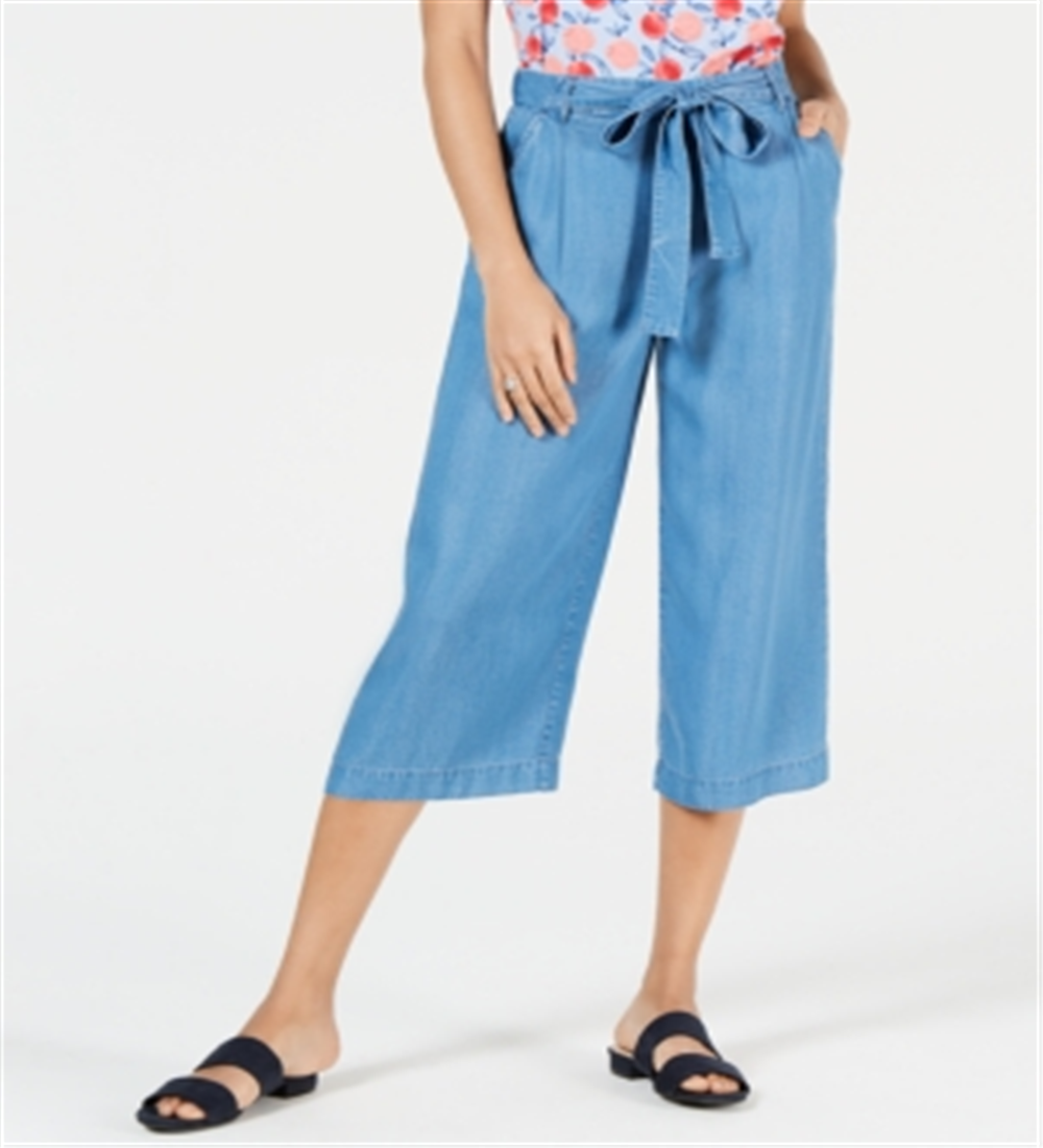 Calça cropped feminina Maison Jules com amarração e amarração, azul, tamanho X-S