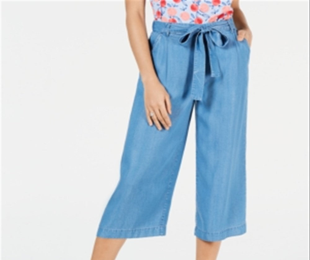 Calça cropped feminina Maison Jules com amarração e amarração, azul, tamanho X-S