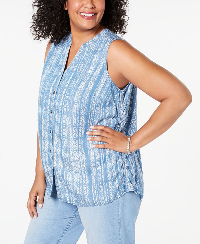 Regata feminina estilo &amp; co plus size estampada com decote dividido, azul, tamanho 0X