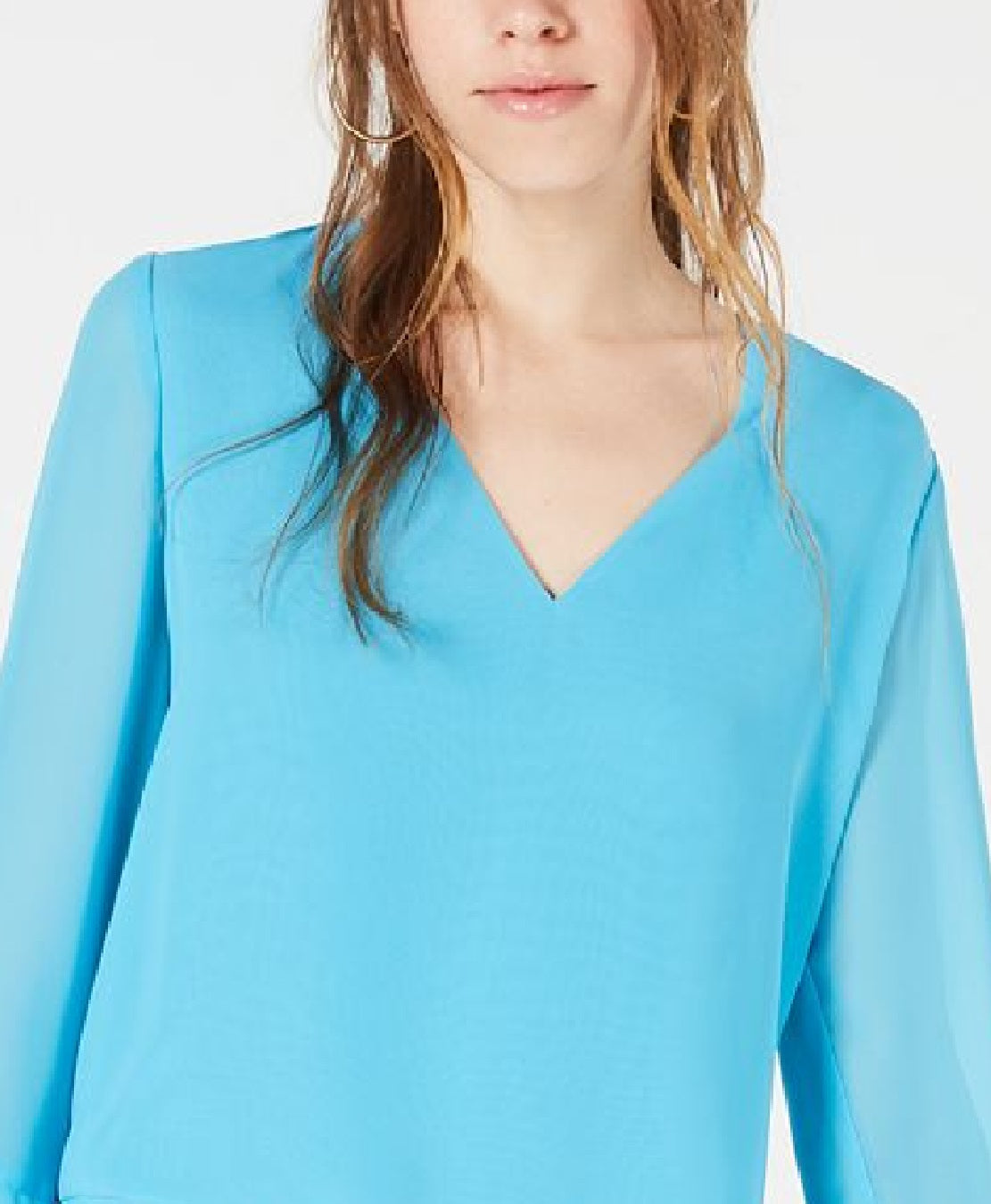 Blusa feminina Bar III turquesa com manga sino e decote em V, tamanho pequeno