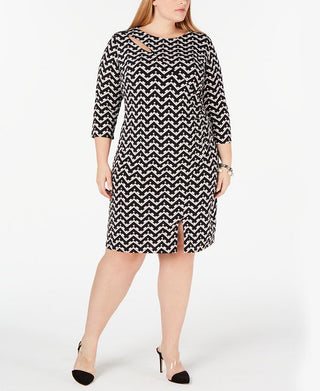 Vestido feminino com estampa geométrica e recorte no pescoço, zigue-zague, preto, tamanho 2X da INC International Concepts