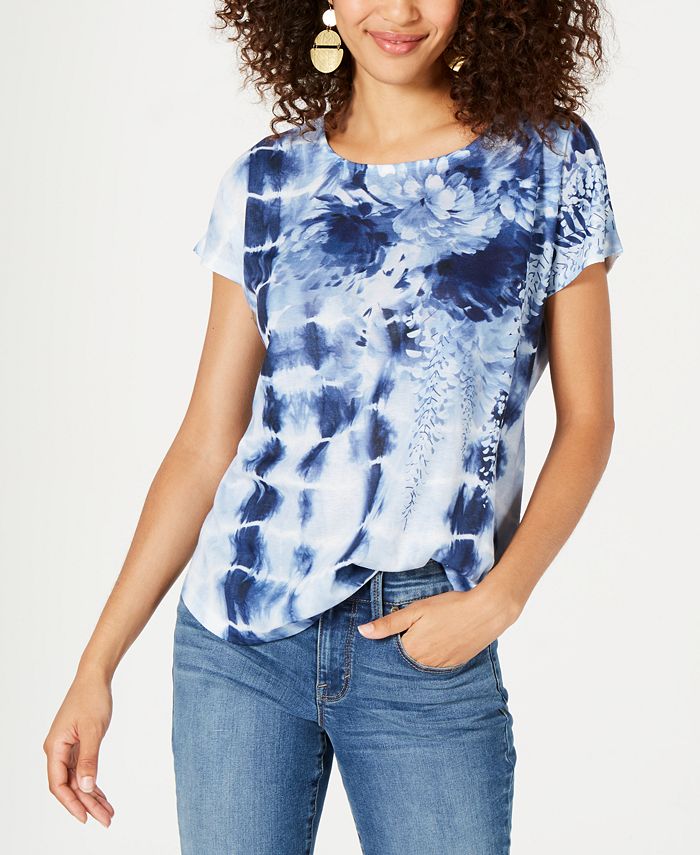 Blusa feminina com estampa floral e tie-dye estilo &amp; co, azul, tamanho pequeno