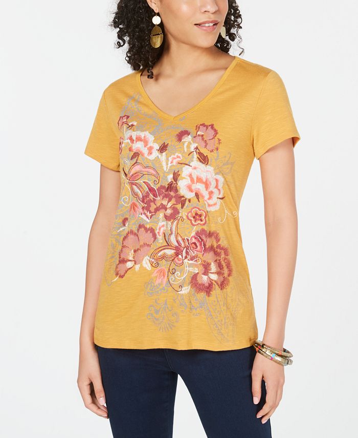 Blusa feminina com decote em V e estampa floral estilo &amp; co, amarela, tamanho médio