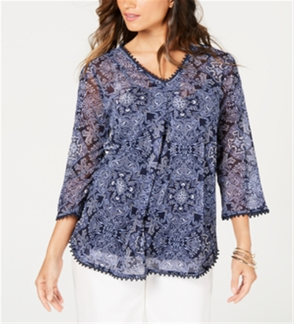 Túnica estampada feminina Charter Club, azul, tamanho extrapequeno