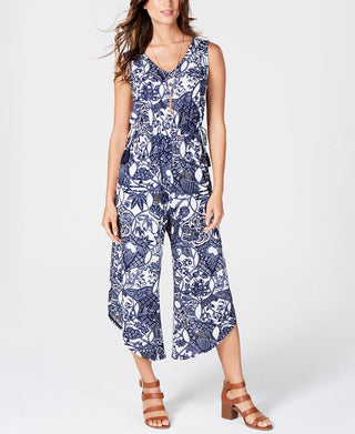 Macacão feminino estampado com cordão na cintura, tamanho grande, azul, estilo &amp; co