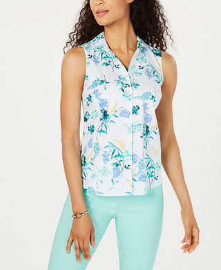 Charter Club Women's Floral Print Button Front Shirt White Size 14 Petite