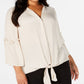 Blusa feminina Alfani com bainha amarrada e manga lanterna, bege polido, marrom, tamanho 1X
