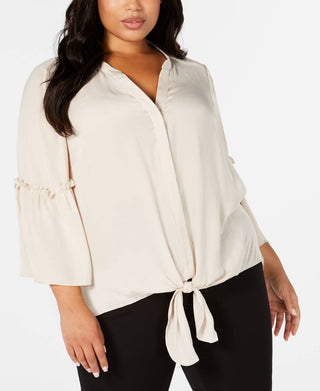 Blusa feminina Alfani com bainha amarrada e manga lanterna, bege polido, marrom, tamanho 1X