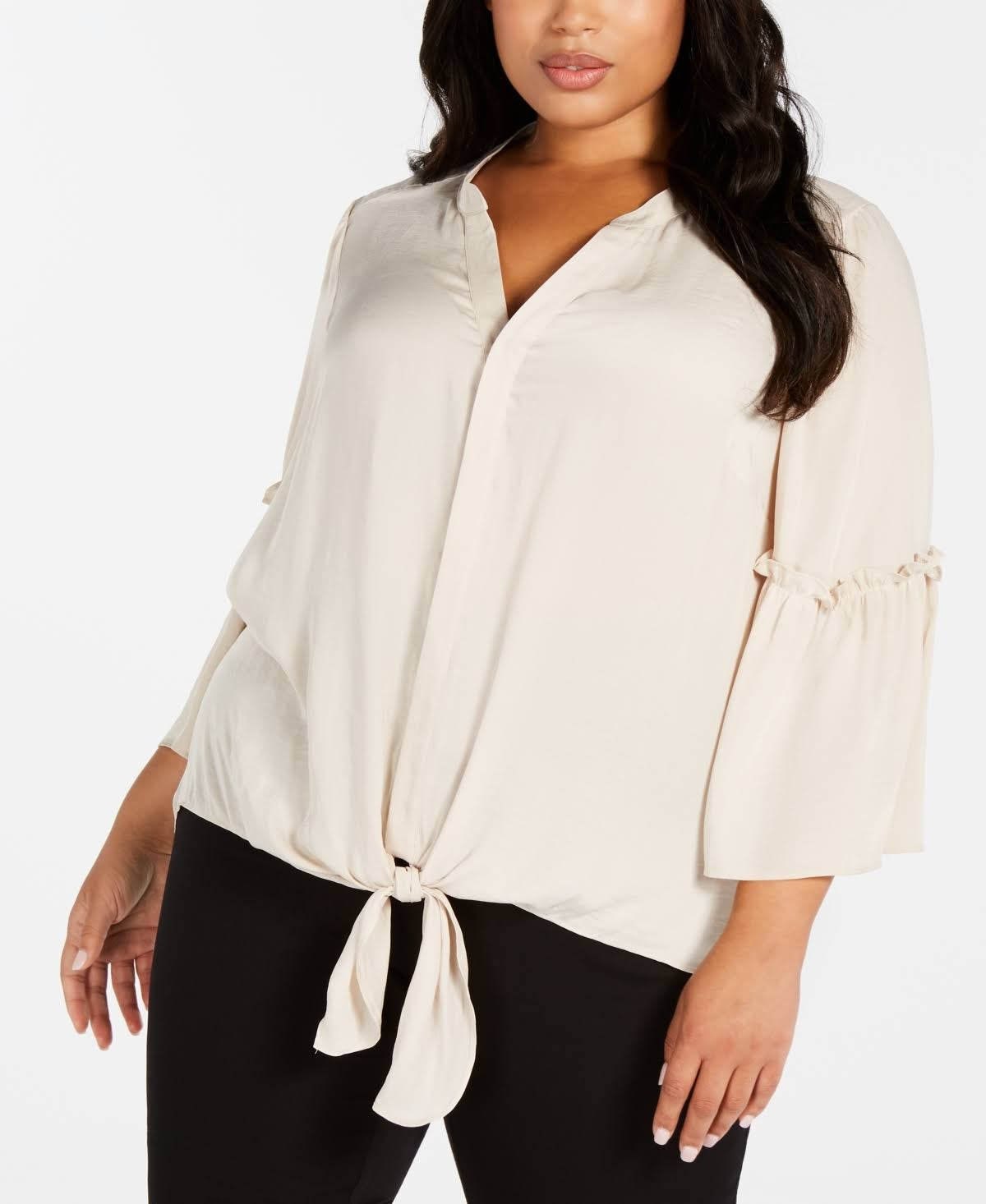 Blusa feminina Alfani com bainha amarrada e manga lanterna, bege polido, marrom, tamanho 1X