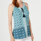 Blusa feminina de malha com borlas e gola amarrada, estampada em azulejo, tamanho X-S