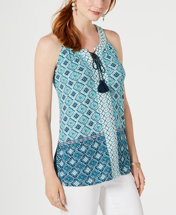 Blusa feminina de malha com borlas e gola amarrada, estampada em azulejo, tamanho X-S