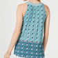 Blusa feminina de malha com borlas e gola amarrada, estampada em azulejo, tamanho X-S