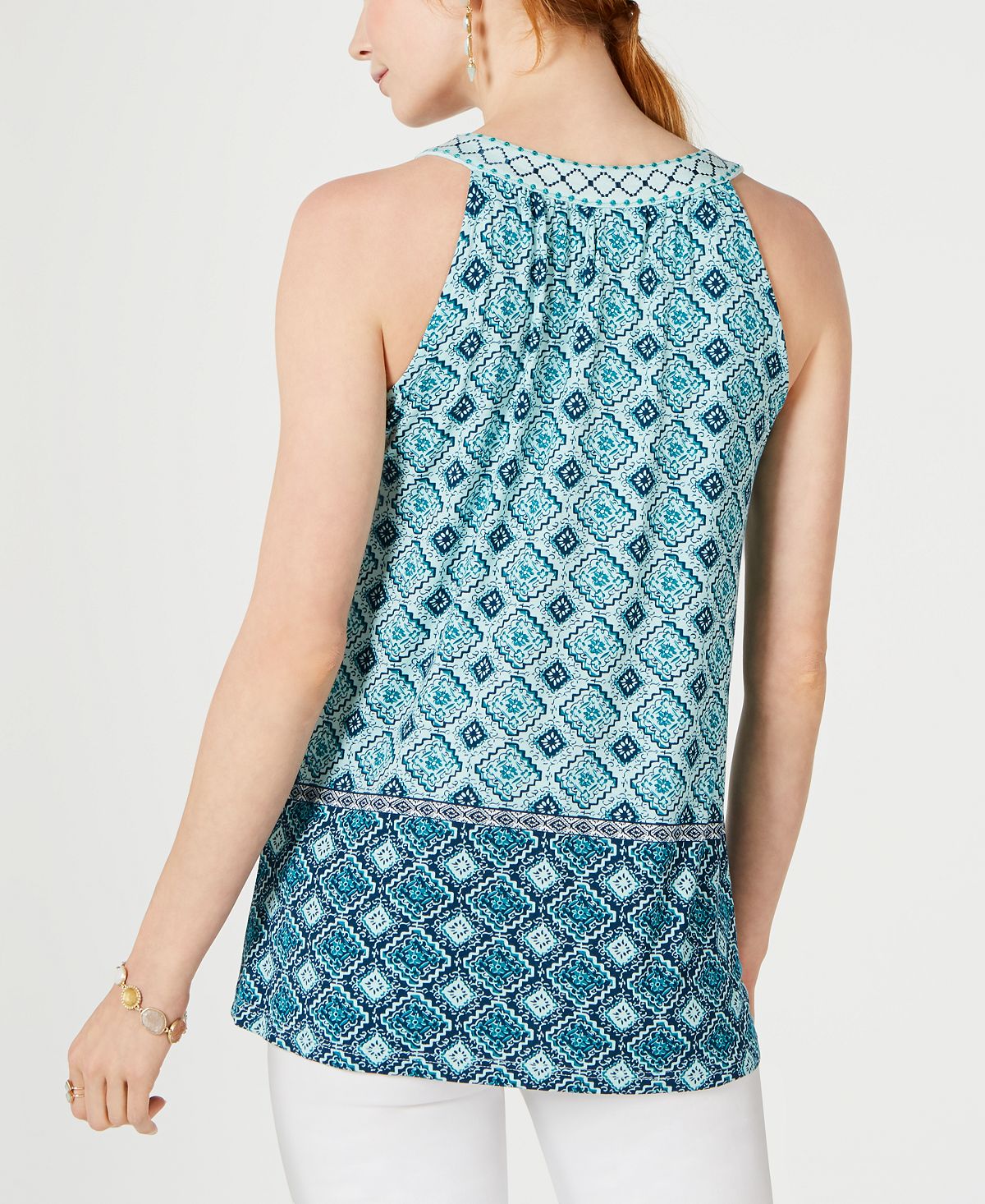 Blusa feminina de malha com borlas e gola amarrada, estampada em azulejo, tamanho X-S