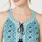 Blusa feminina de malha com borlas e gola amarrada, estampada em azulejo, tamanho X-S