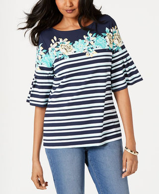 Charter Club Women's Printed Bell Sleeve Jewel Neck Top Blue Size Small