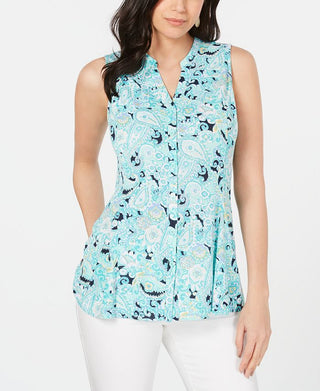 Charter Club Women's Printed Sleeveless V Neck Tunic Top Blue Size Medium