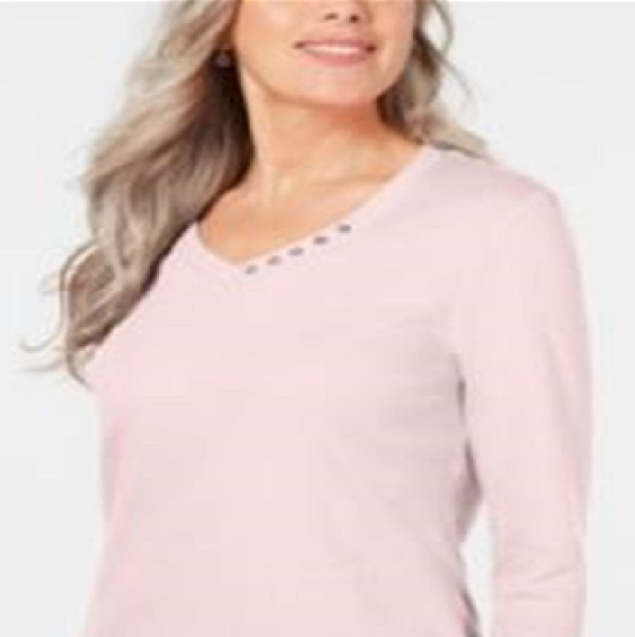 Karen Scott Blusa feminina de algodão com decote em V e acabamento em botões, rosa, tamanho pequeno