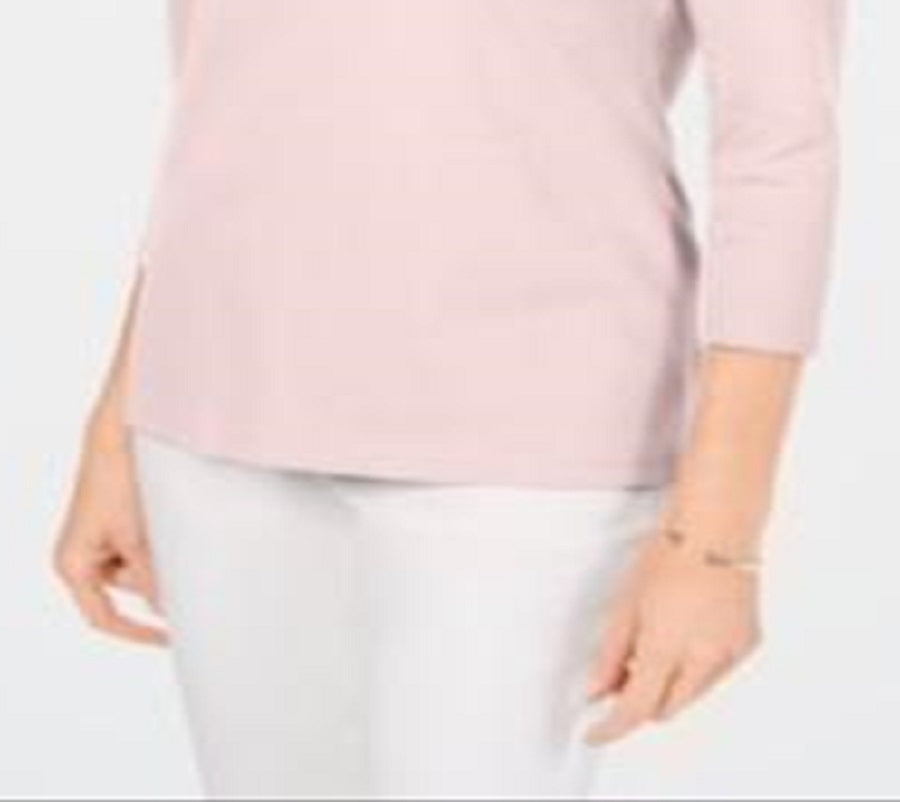 Karen Scott Blusa feminina de algodão com decote em V e acabamento em botões, rosa, tamanho pequeno