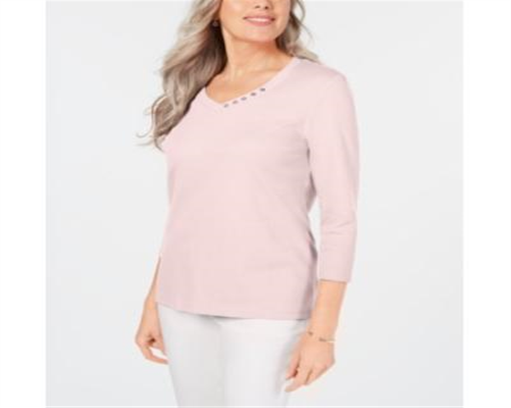 Karen Scott Blusa feminina de algodão com decote em V e acabamento em botões, rosa, tamanho pequeno