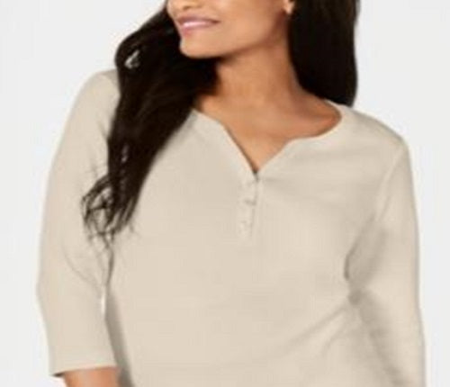 Karen Scott Top Henley de Algodão Feminino Marrom Tamanho Grande