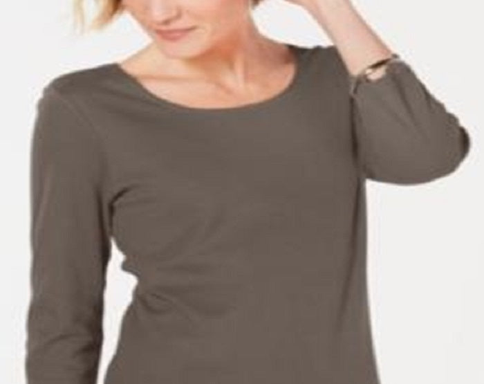 Blusa feminina Karen Scott de algodão com manga 3/4, marrom, tamanho X-S