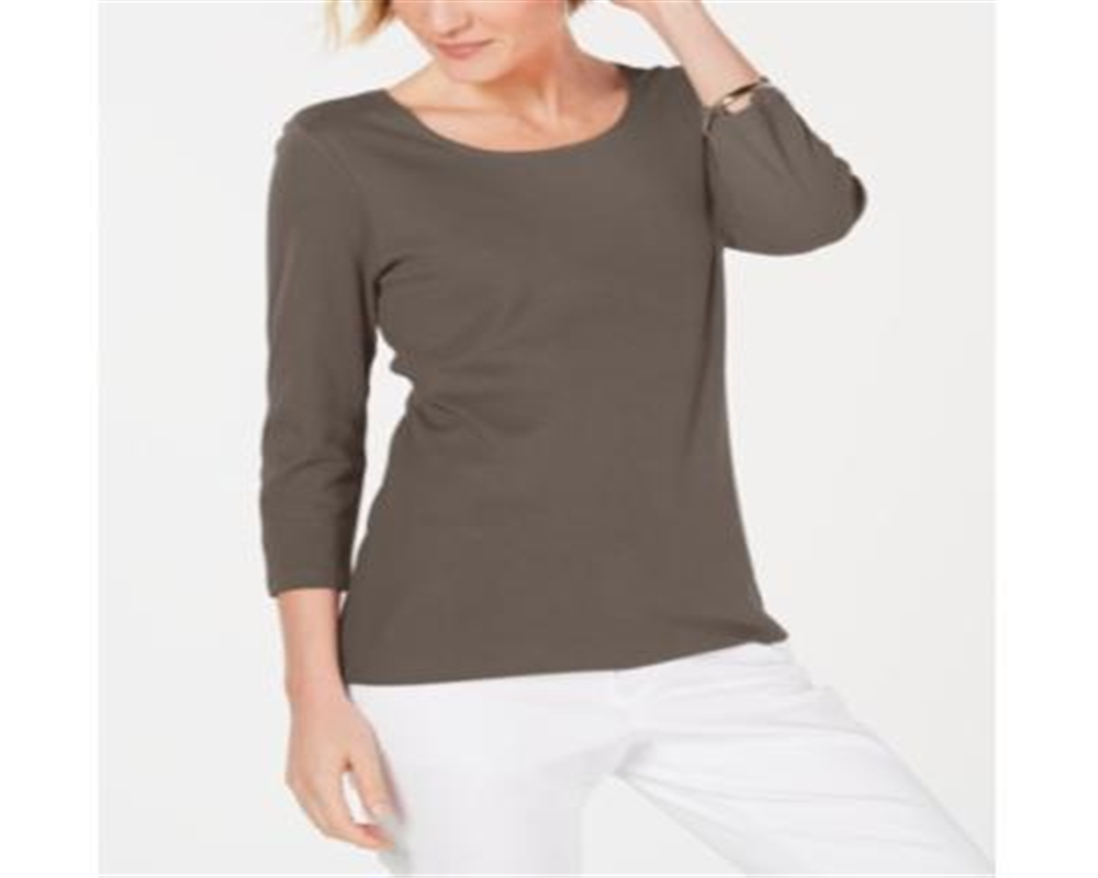 Blusa feminina Karen Scott de algodão com manga 3/4, marrom, tamanho X-S