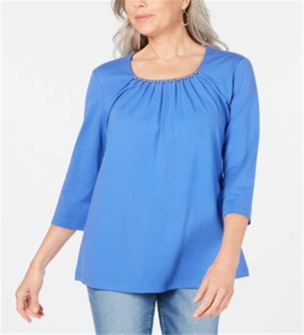 Karen Scott Blusa Feminina Gola Redonda com Contas Azul Tamanho X-S