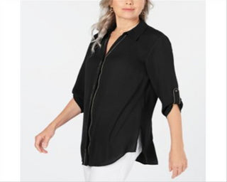 JM Collection Top feminino com botões e acabamento em caviar, preto, tamanho XX-G