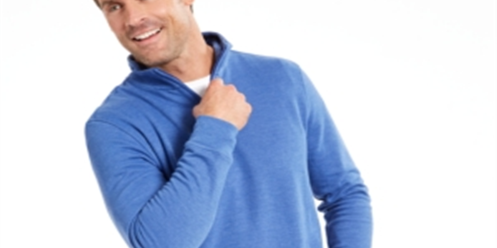 Suéter masculino Club Room com zíper de um quarto e canelado francês, azul, tamanho médio