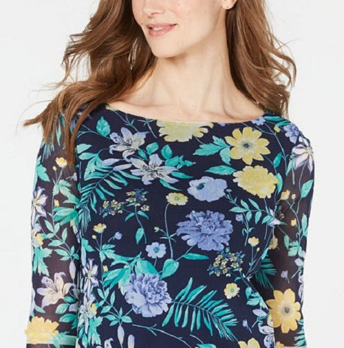Charter Club Blusa feminina com estampa floral e decote canoa, azul, tamanho extragrande