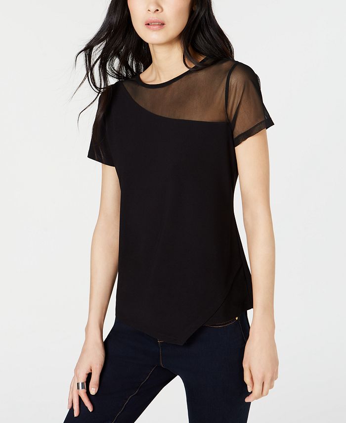 Camiseta feminina com detalhe de ilusão da INC International Concepts, preta, tamanho grande