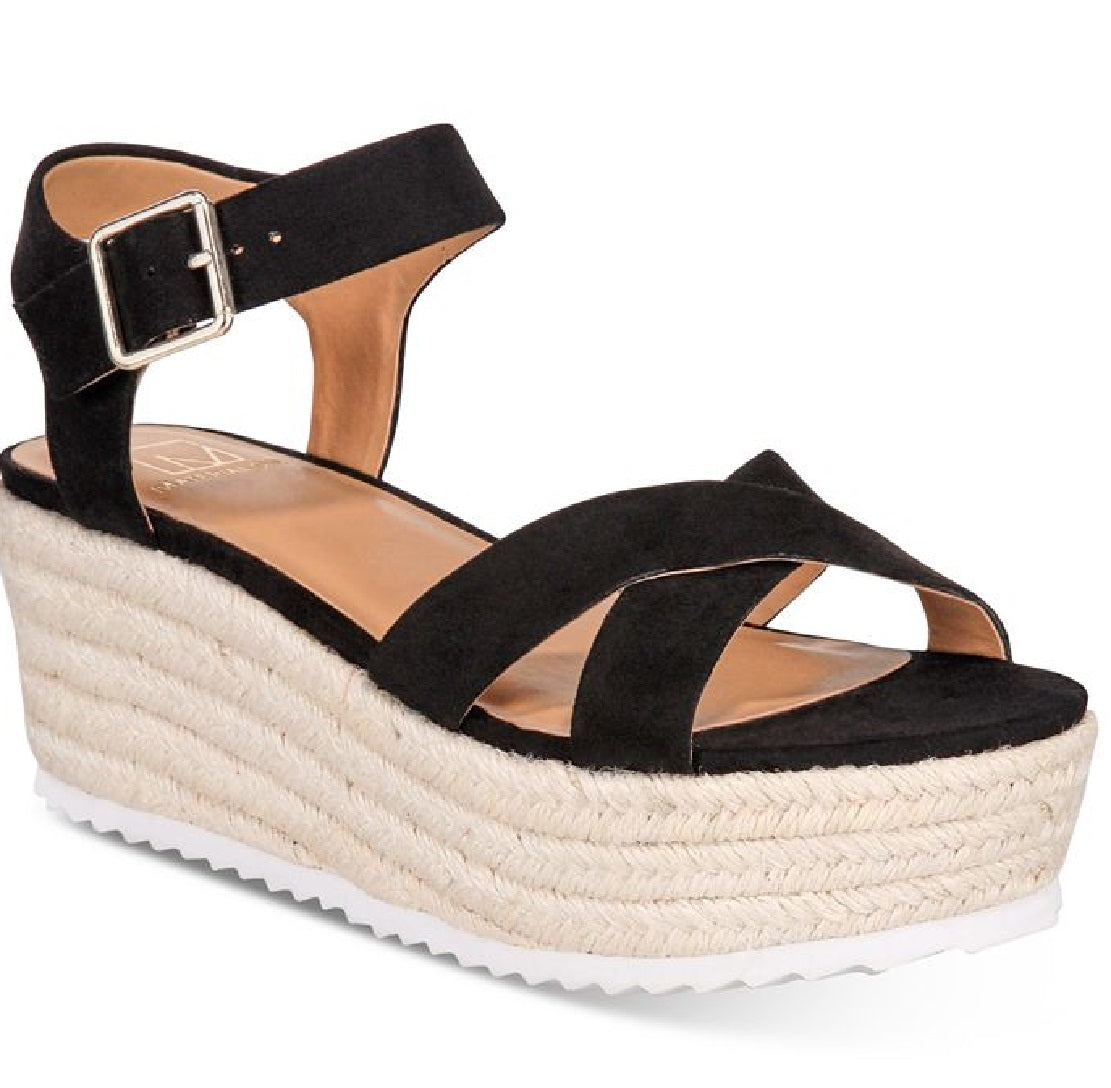 Material Girl Sandálias plataforma casuais femininas Mbrinnyf de algodão com bico aberto, pretas, tamanho 11 M