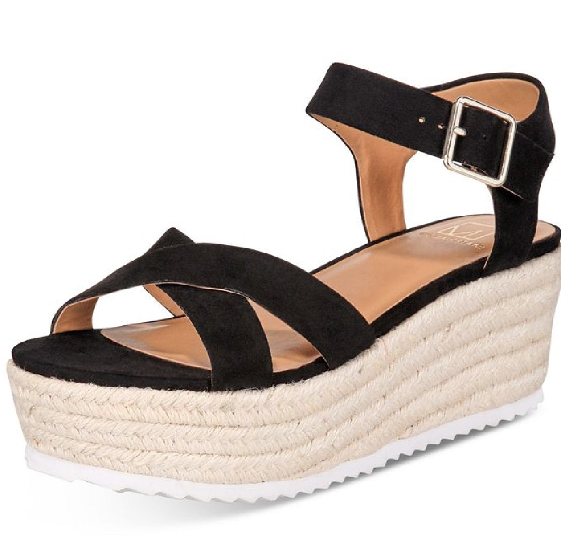 Material Girl Sandálias plataforma casuais femininas Mbrinnyf de algodão com bico aberto, pretas, tamanho 11 M