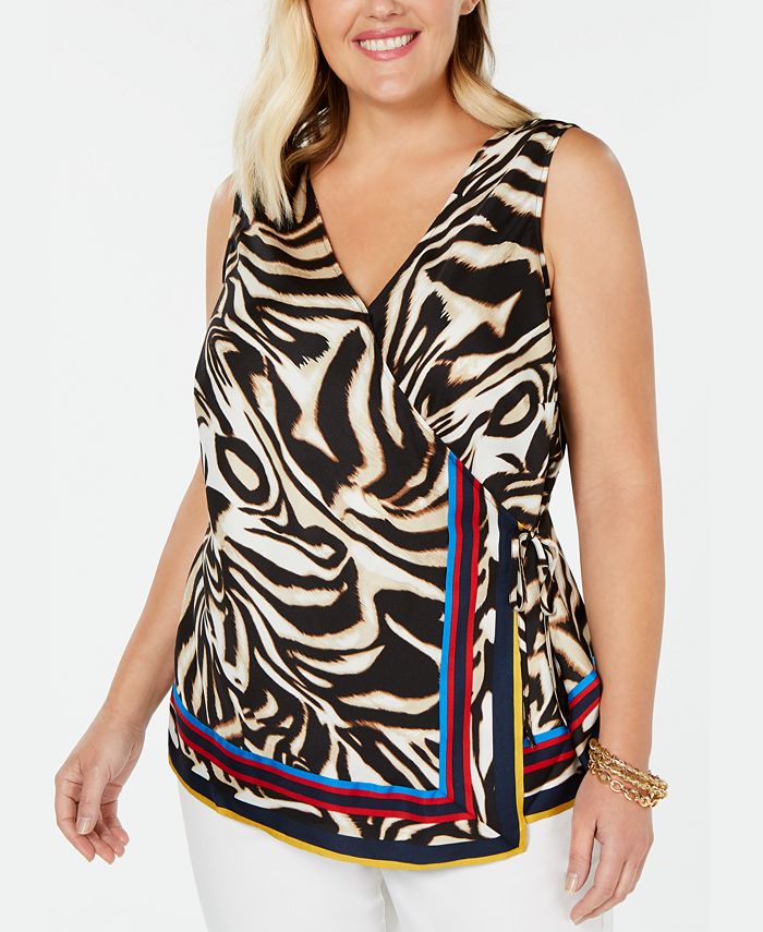 INC International Concepts Top feminino plus size com estampa animal e envoltório falso, amarelo, tamanho 2X
