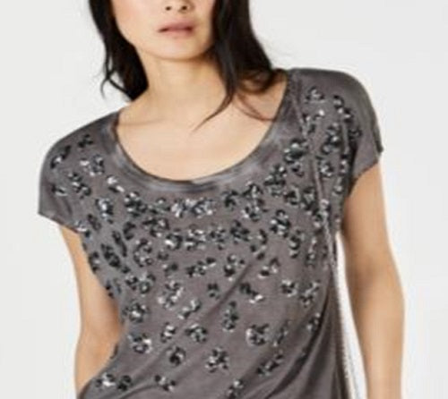 Blusa feminina com estampa animal e lantejoulas da INC International Concepts, cinza, tamanho pequeno