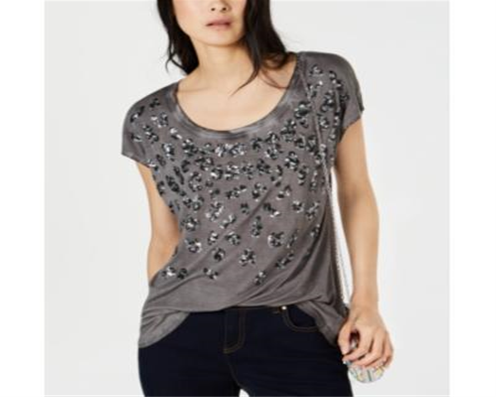 Blusa feminina com estampa animal e lantejoulas da INC International Concepts, cinza, tamanho pequeno