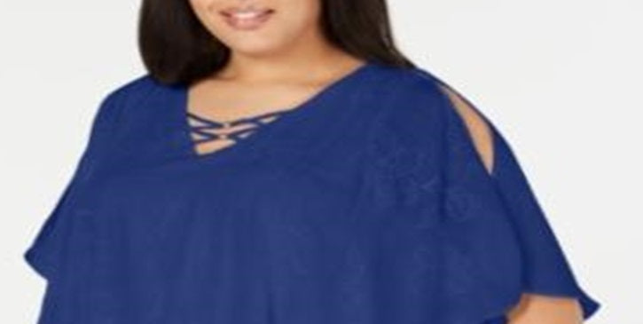 JM Collection Top de festa feminino com manga 3/4 azul tamanho 1X