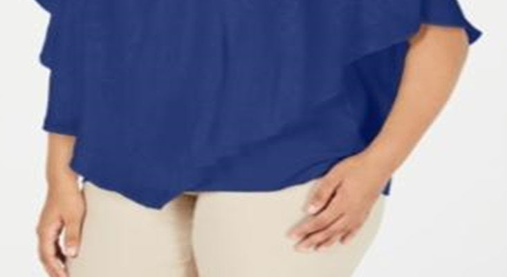 JM Collection Top de festa feminino com manga 3/4 azul tamanho 1X