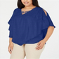 JM Collection Top de festa feminino com manga 3/4 azul tamanho 1X