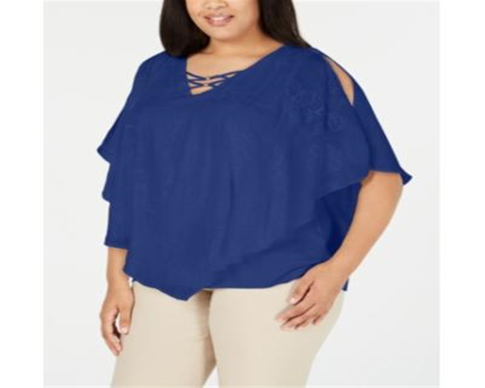 JM Collection Top de festa feminino com manga 3/4 azul tamanho 1X