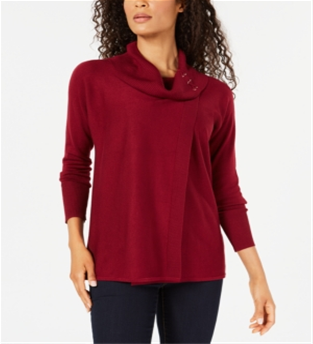 Suéter feminino JM Collection com gola alta e capuz, tamanho grande, vermelho