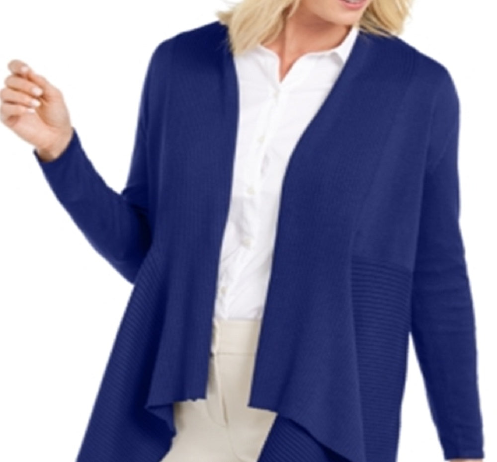 Cardigan feminino JM Collection com nervuras mistas e botões, azul, tamanho pequeno G