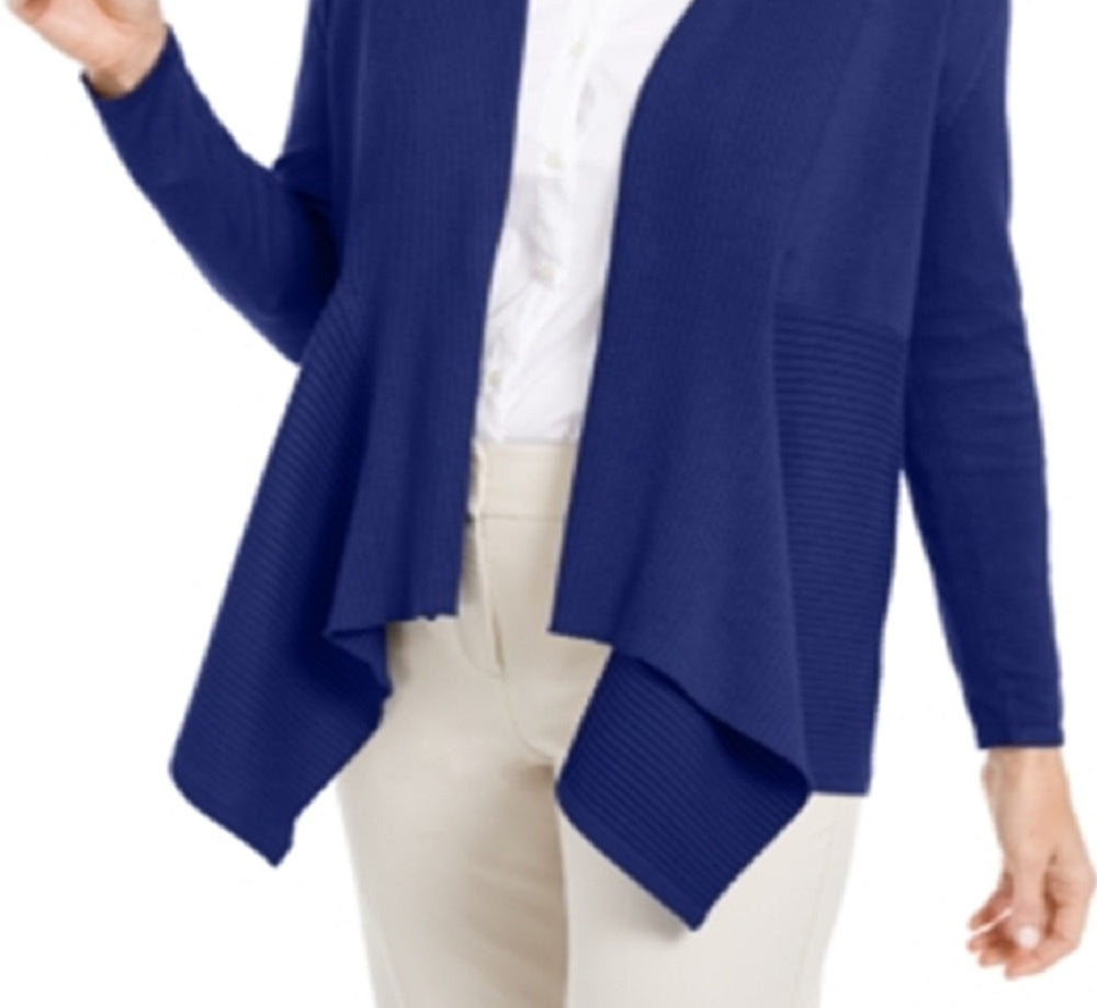Cardigan feminino JM Collection com nervuras mistas e botões, azul, tamanho pequeno G
