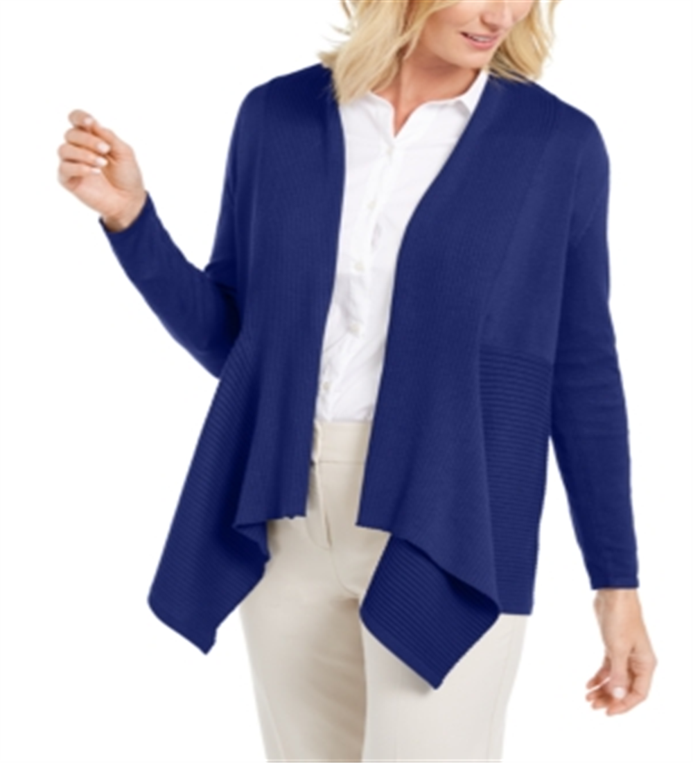Cardigan feminino JM Collection com nervuras mistas e botões, azul, tamanho pequeno G