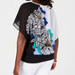 Blusa feminina estampada com mangas bufantes, tamanho pequeno, preta, da coleção JM