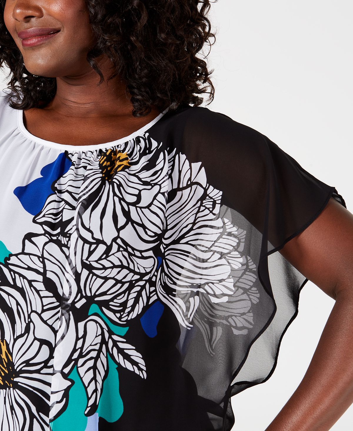 Blusa feminina estampada com mangas bufantes, tamanho pequeno, preta, da coleção JM