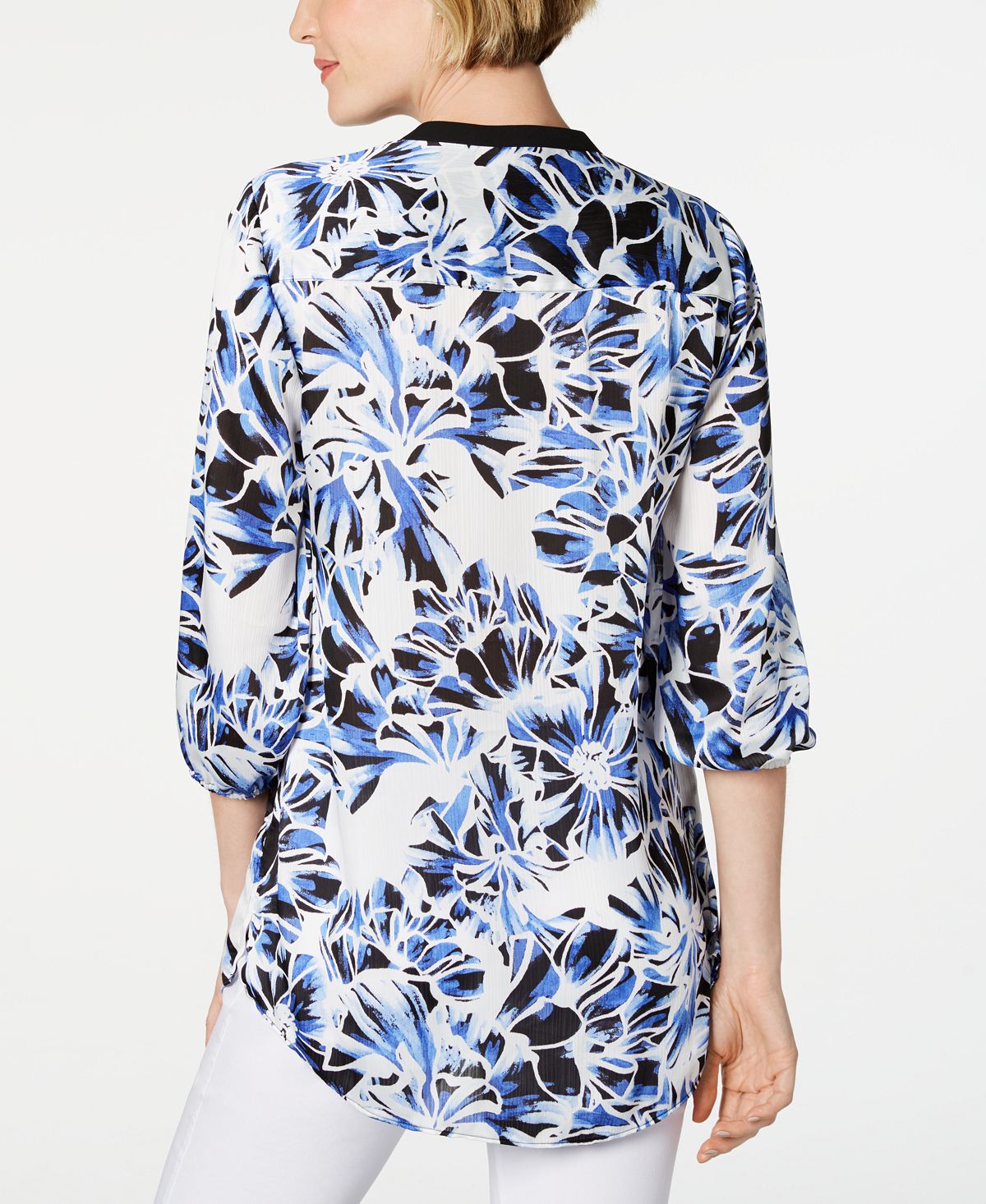 Blusa feminina com botões contrastantes e fenda estampada, tamanho pequeno, azul, para usar no trabalho