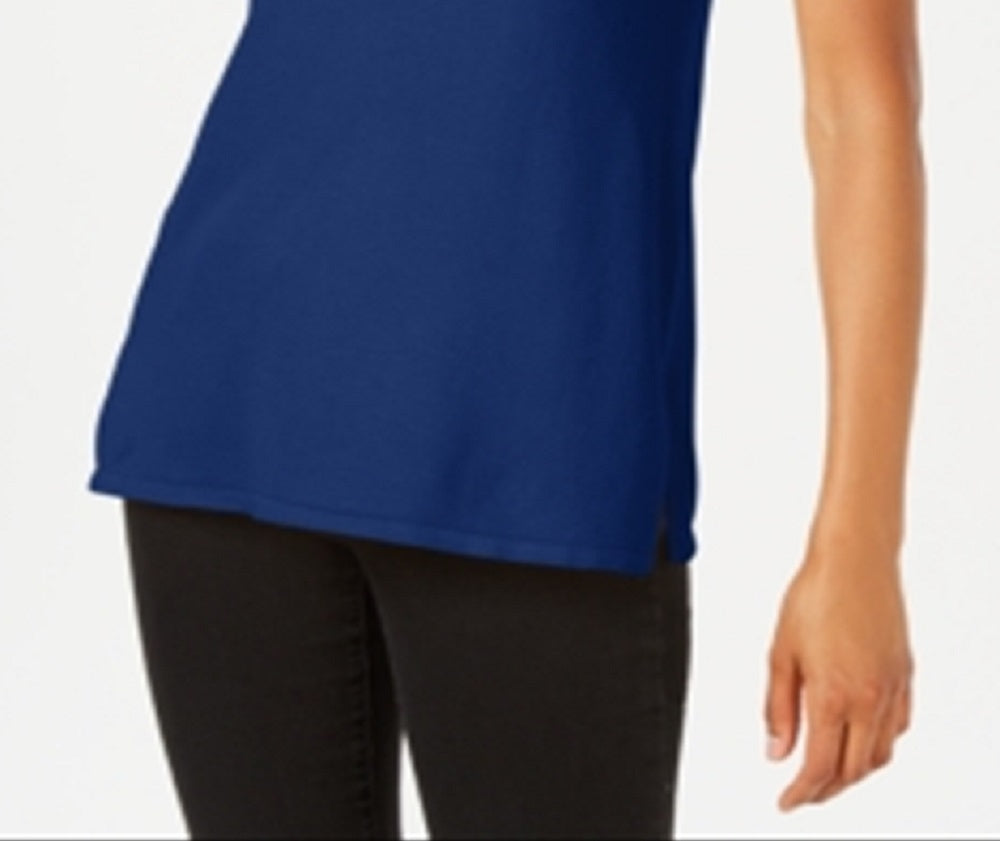 JM Collection Suéter feminino sem mangas com gola alta, azul, tamanho XX-G