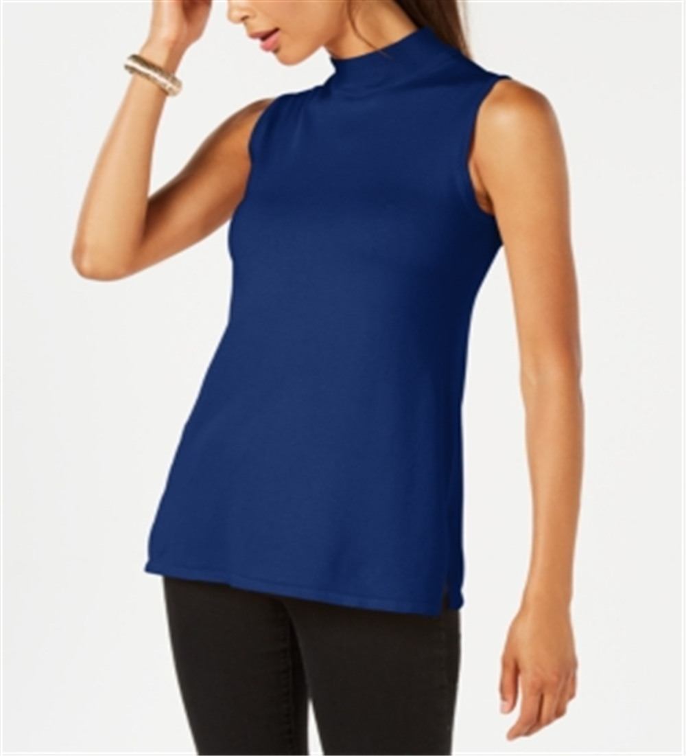 JM Collection Suéter feminino sem mangas com gola alta, azul, tamanho XX-G